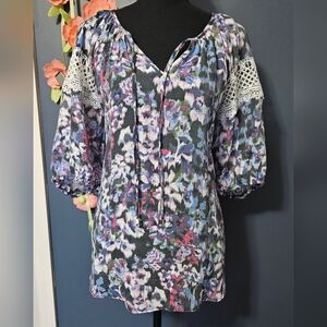 Robert Lewis Abstract Floral with Lace Trim Peasant Top Size XL